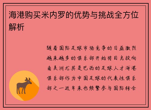 海港购买米内罗的优势与挑战全方位解析