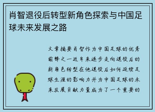 肖智退役后转型新角色探索与中国足球未来发展之路