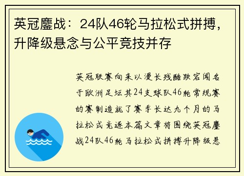 英冠鏖战：24队46轮马拉松式拼搏，升降级悬念与公平竞技并存